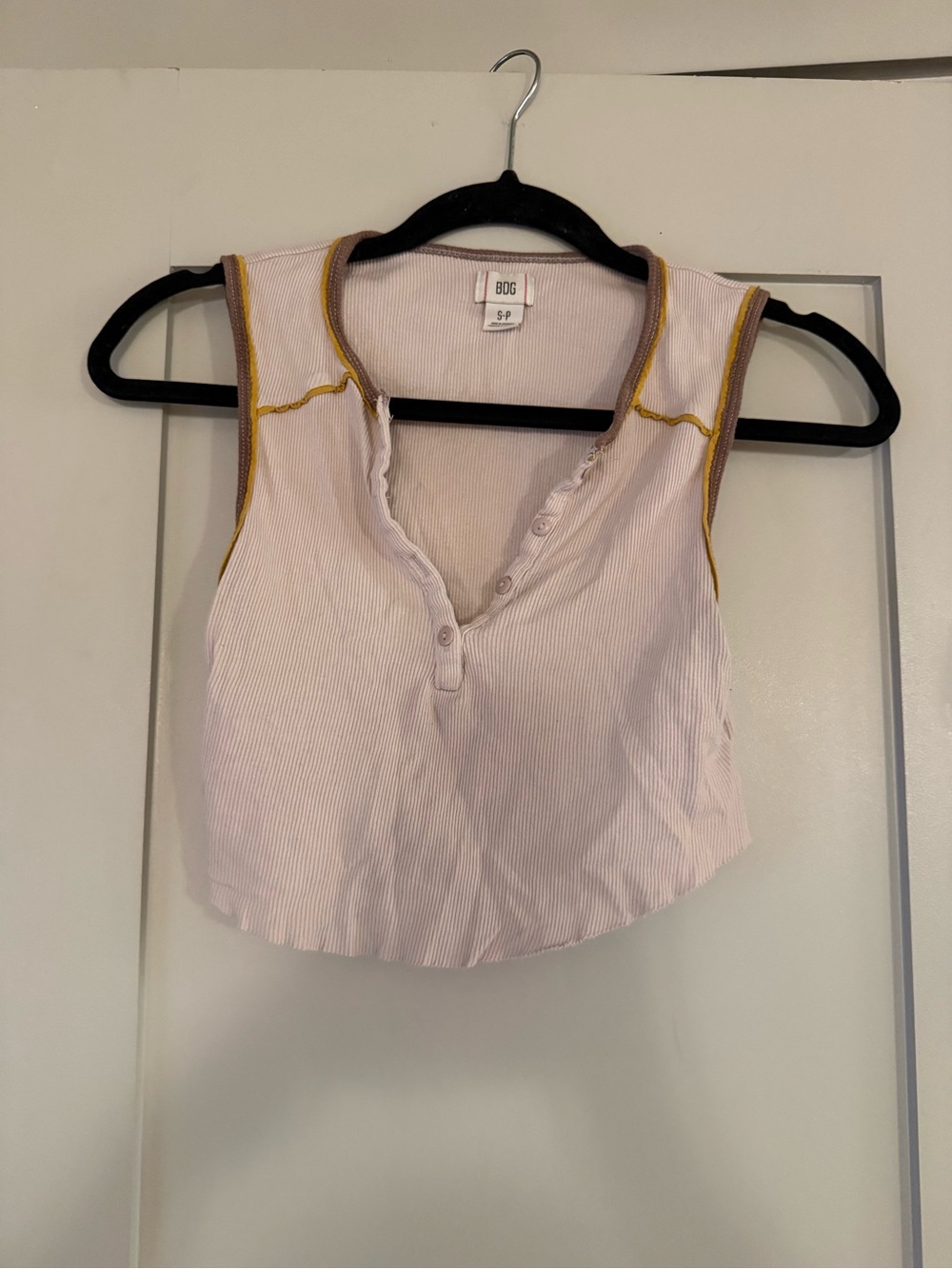 BDG Pink Ribbed Henley Crop Tank with Mustard Trim